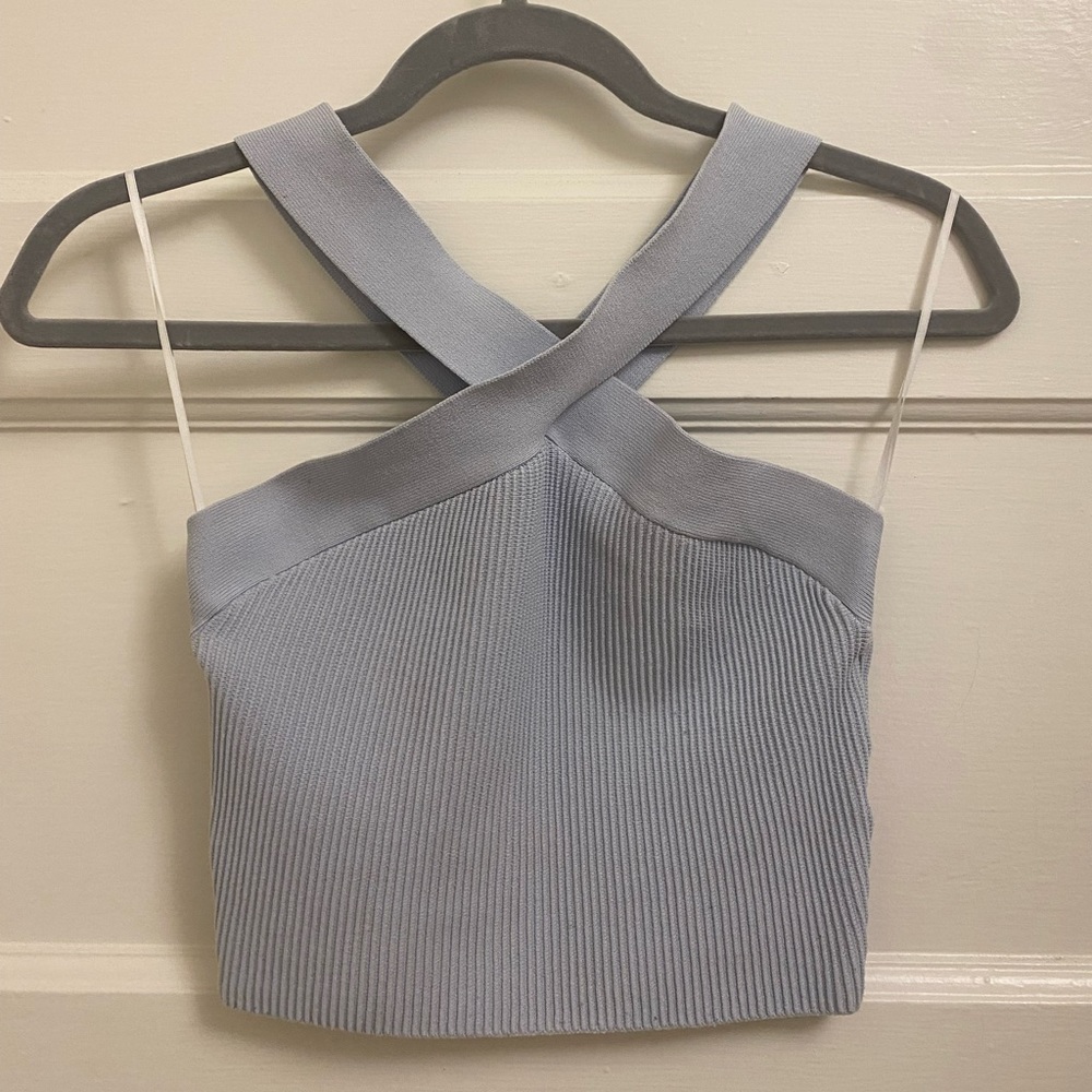 Light Blue Babaton Sculpt Knit Criss Cross Cropped Tank Size M